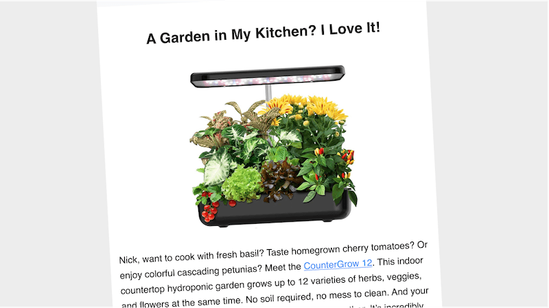 Email promoting a countertop hydroponic garden